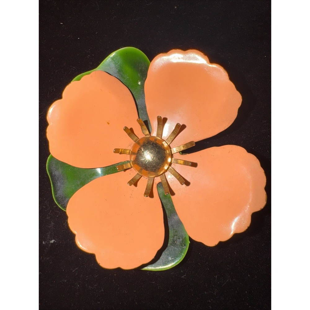 Vintage Sarah Coventry Brooch Pin Tahitian Flower Signed Peach Enameled Metal